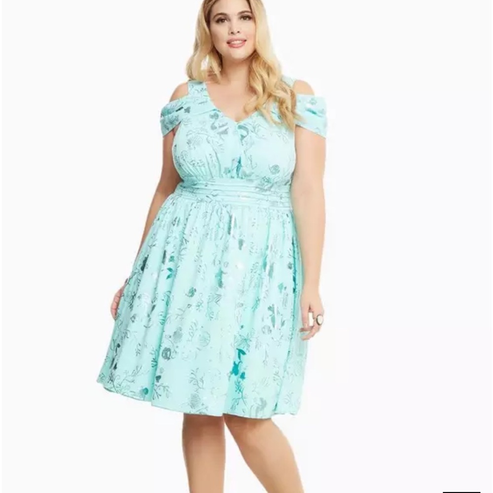 Disney Little Mermaid Aqua Floral Cold-Shoulder Midi Dress - Picture 6 of 7
